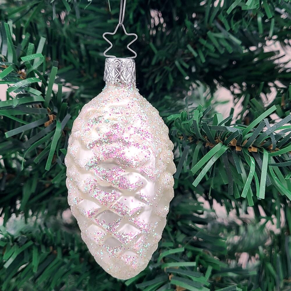 VTG 1990s Old World Christmas Glass White Pine Cone Ornament Inge-Glas 3" OWC